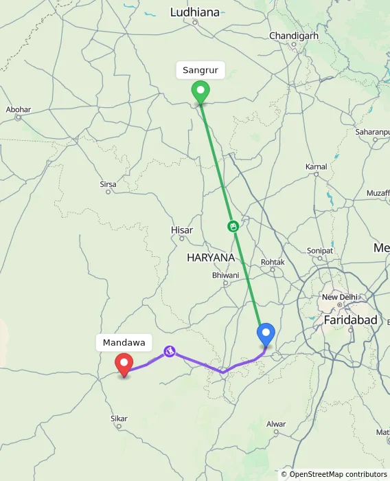 Route map showing distance and travel time from Sangrur, India to Mandawa, India