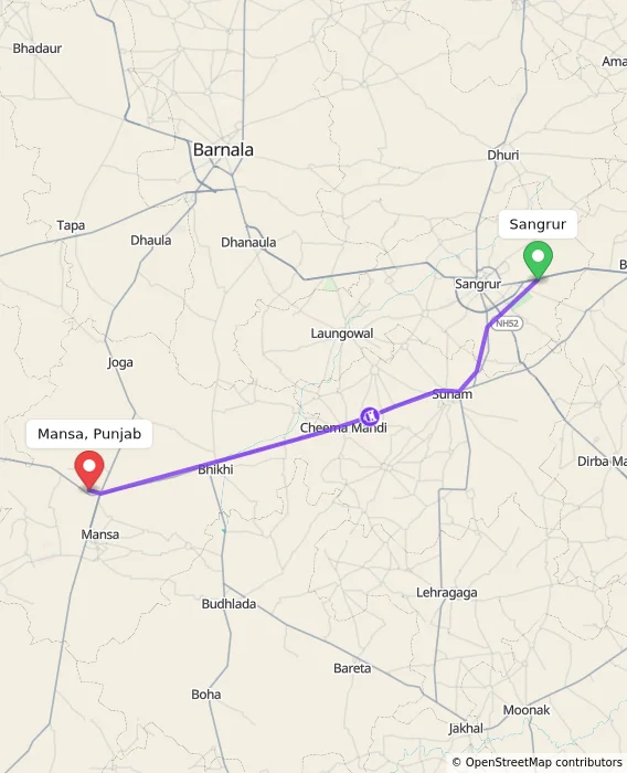Route map showing distance and travel time from Sangrur, India to Mansa, Punjab, India