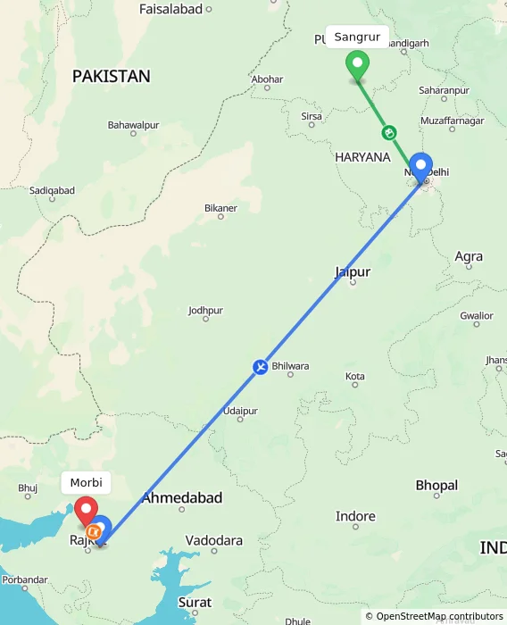 Route map showing distance and travel time from Sangrur, India to Morbi, India