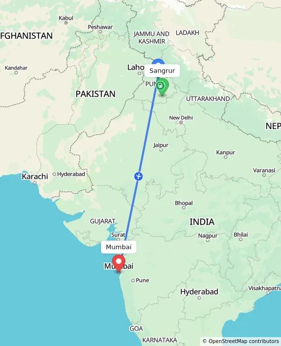 Route map showing distance and travel time from Sangrur, India to Mumbai, India