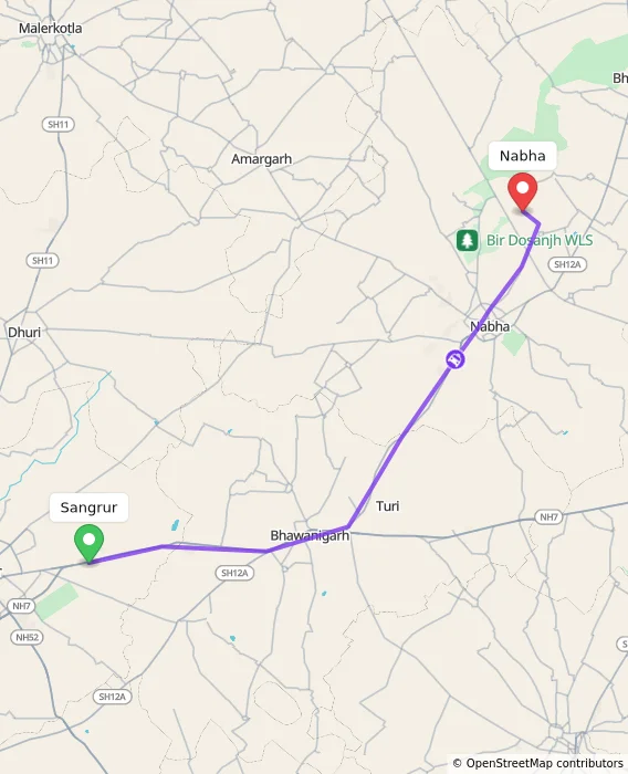 Route map showing distance and travel time from Sangrur, India to Nabha, India