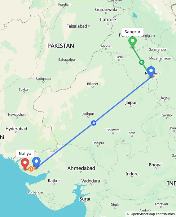 Route map showing distance and travel time from Sangrur, India to Naliya, India