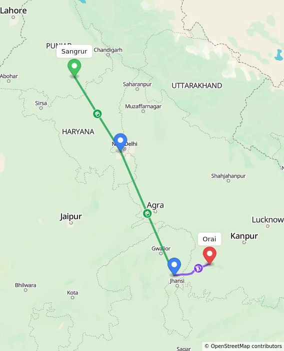 Route map showing distance and travel time from Sangrur, India to Orai, India