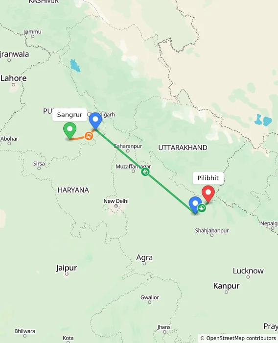 Route map showing distance and travel time from Sangrur, India to Pilibhit, India