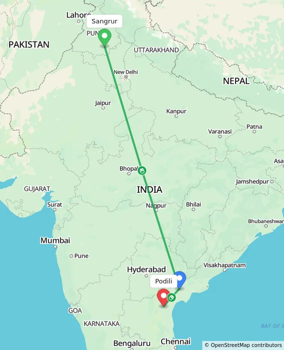 Route map showing distance and travel time from Sangrur, India to Podili, India