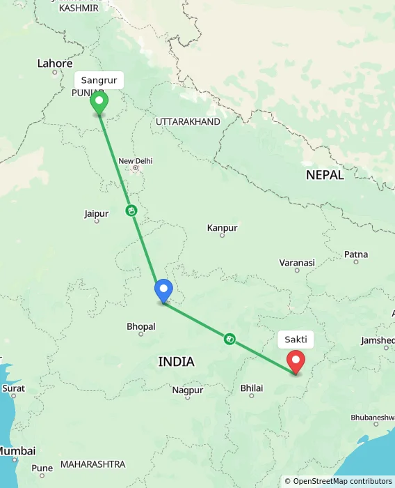 Route map showing distance and travel time from Sangrur, India to Sakti, India