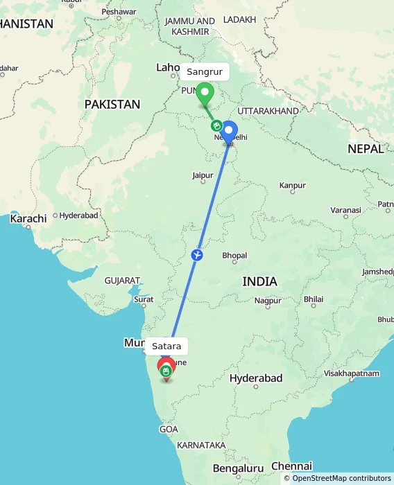 Route map showing distance and travel time from Sangrur, India to Satara, India