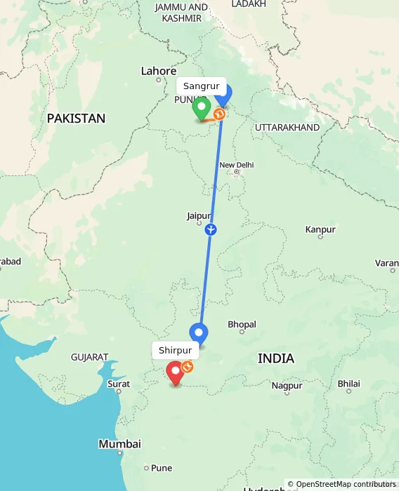 Route map showing distance and travel time from Sangrur, India to Shirpur, India