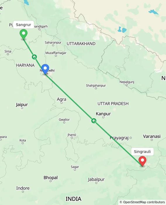 Route map showing distance and travel time from Sangrur, India to Singrauli, India
