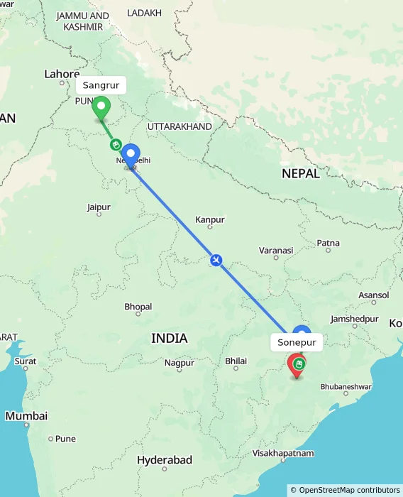 Route map showing distance and travel time from Sangrur, India to Sonepur, India