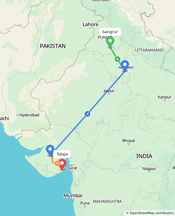 Route map showing distance and travel time from Sangrur, India to Talaja, India