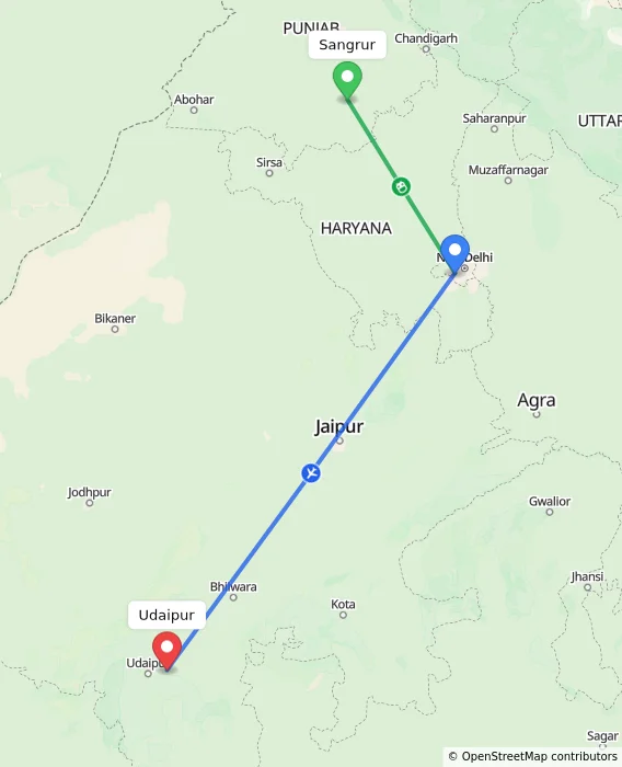 Route map showing distance and travel time from Sangrur, India to Udaipur, India