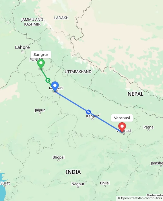 Route map showing distance and travel time from Sangrur, India to Varanasi, India