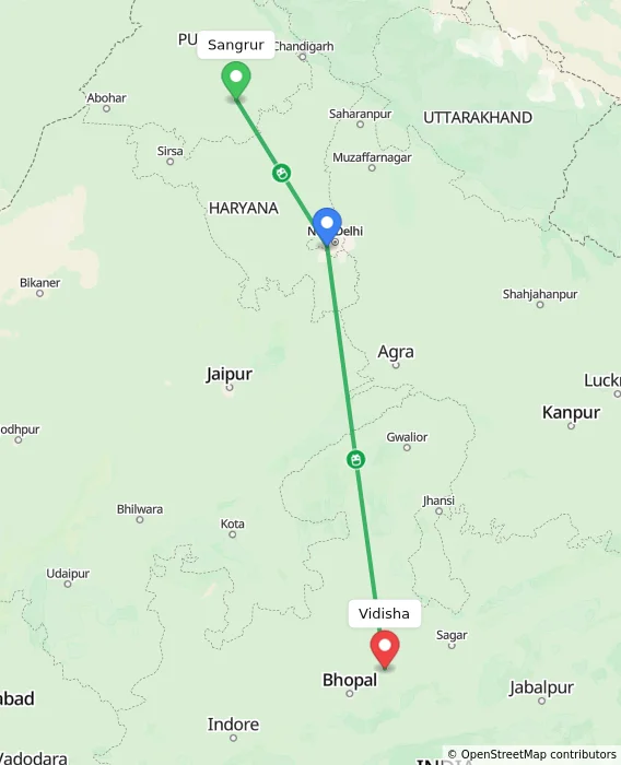 Route map showing distance and travel time from Sangrur, India to Vidisha, India
