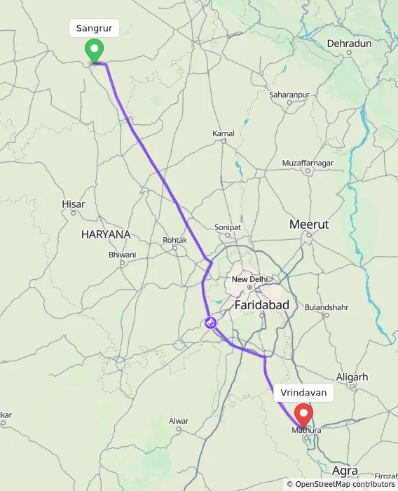 Route map showing distance and travel time from Sangrur, India to Vrindavan, India