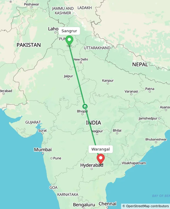 Route map showing distance and travel time from Sangrur, India to Warangal, India