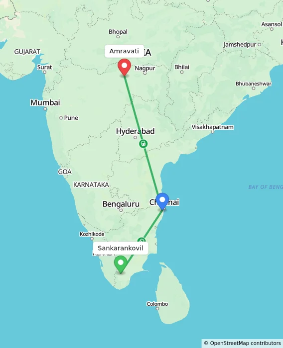 Route map showing distance and travel time from Sankarankovil, India to Amravati, India