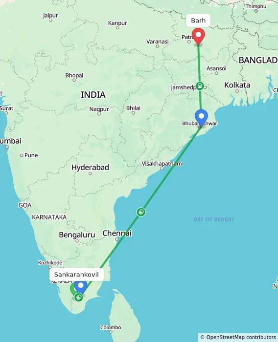 Route map showing distance and travel time from Sankarankovil, India to Barh, India
