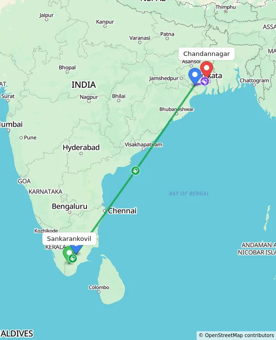 Route map showing distance and travel time from Sankarankovil, India to Chandannagar, India