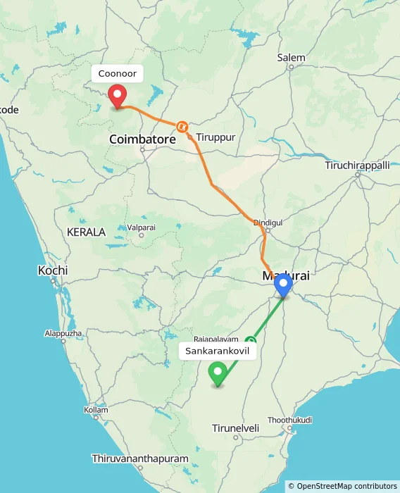 Route map showing distance and travel time from Sankarankovil, India to Coonoor, India