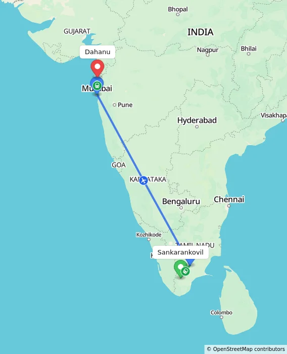 Route map showing distance and travel time from Sankarankovil, India to Dahanu, India