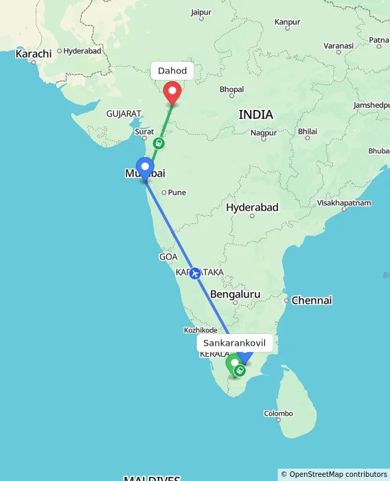 Route map showing distance and travel time from Sankarankovil, India to Dahod, India