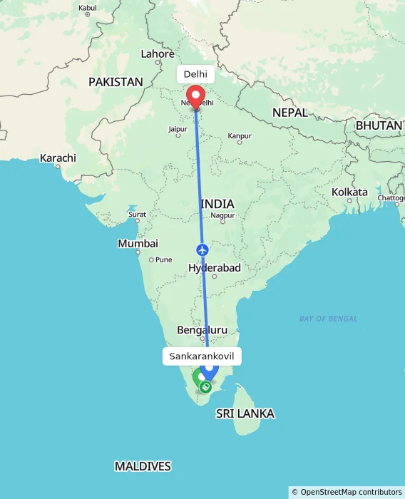 Route map showing distance and travel time from Sankarankovil, India to Delhi, India
