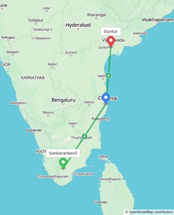 Route map showing distance and travel time from Sankarankovil, India to Guntur, India