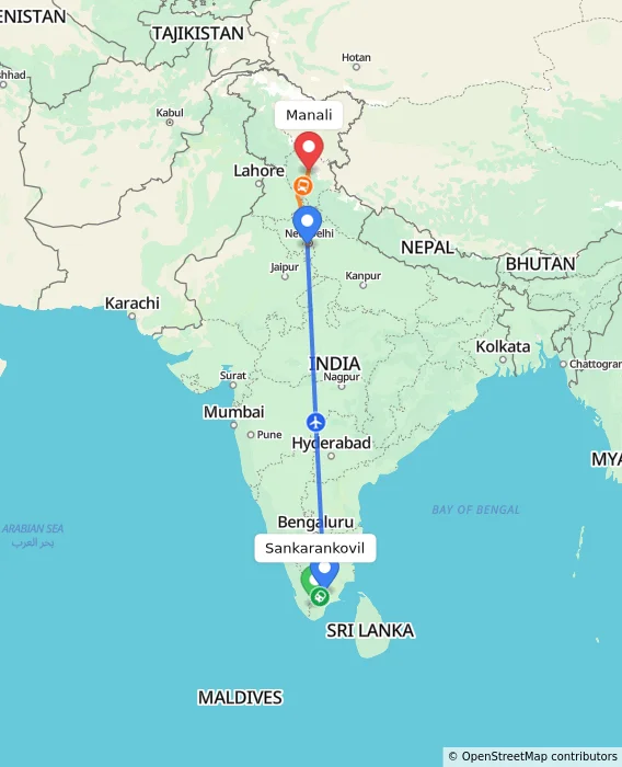 Route map showing distance and travel time from Sankarankovil, India to Manali, India