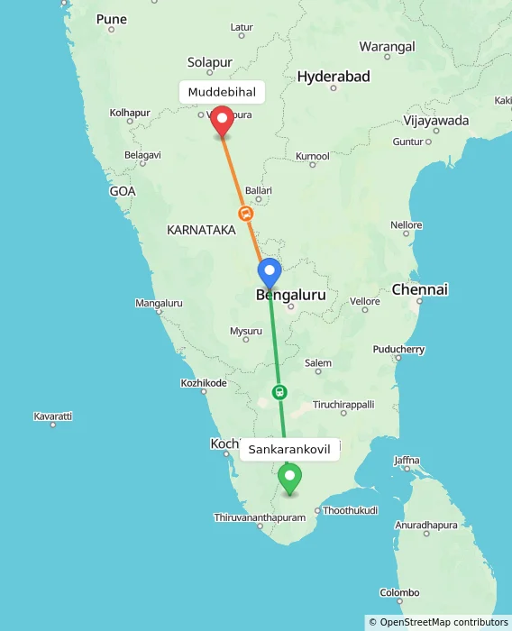 Route map showing distance and travel time from Sankarankovil, India to Muddebihal, India