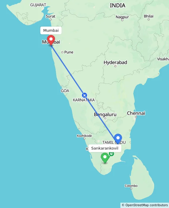 Route map showing distance and travel time from Sankarankovil, India to Mumbai, India