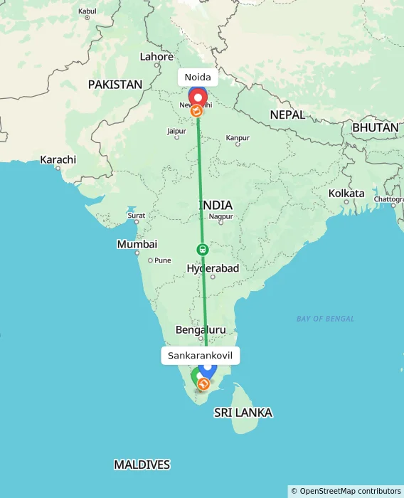 Route map showing distance and travel time from Sankarankovil, India to Noida, India