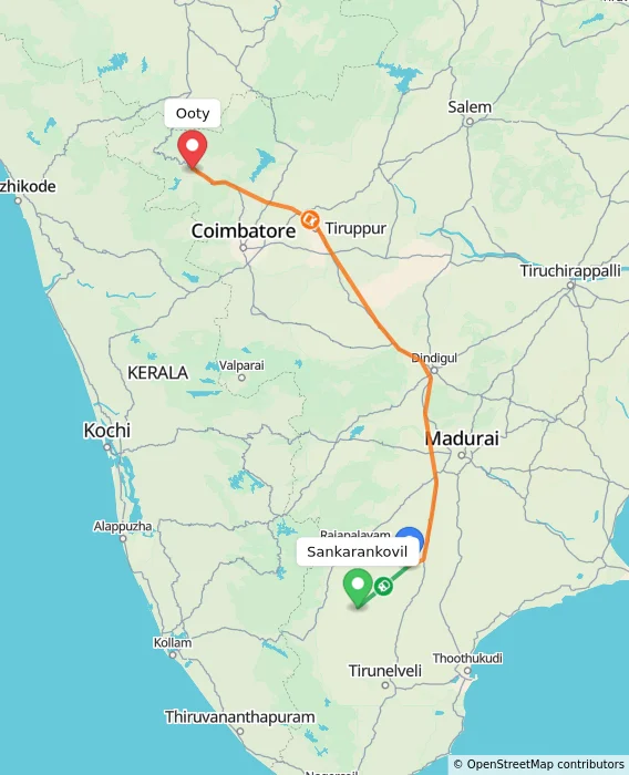 Route map showing distance and travel time from Sankarankovil, India to Ooty, India