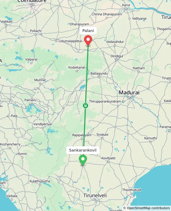 Route map showing distance and travel time from Sankarankovil, India to Palani, India