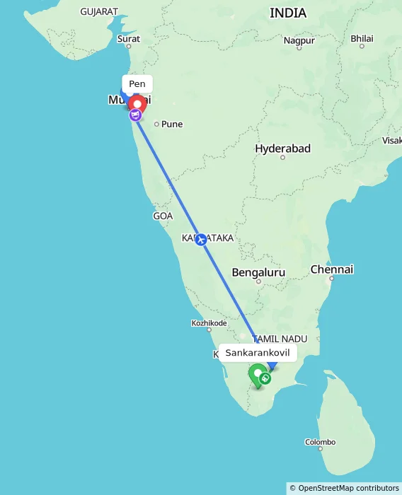 Route map showing distance and travel time from Sankarankovil, India to Pen, India