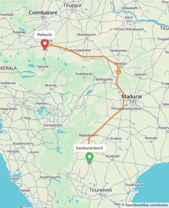 Route map showing distance and travel time from Sankarankovil, India to Pollachi, India