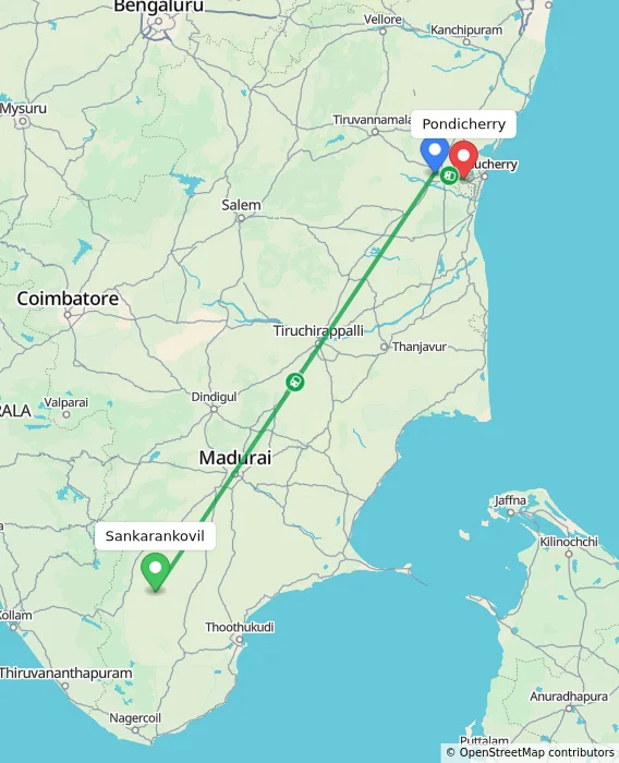 Route map showing distance and travel time from Sankarankovil, India to Puducherry, India