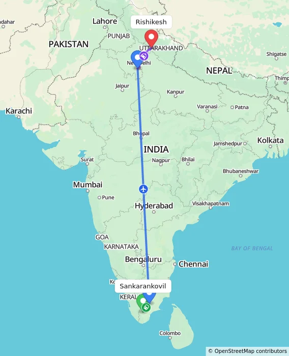 Route map showing distance and travel time from Sankarankovil, India to Rishikesh, India