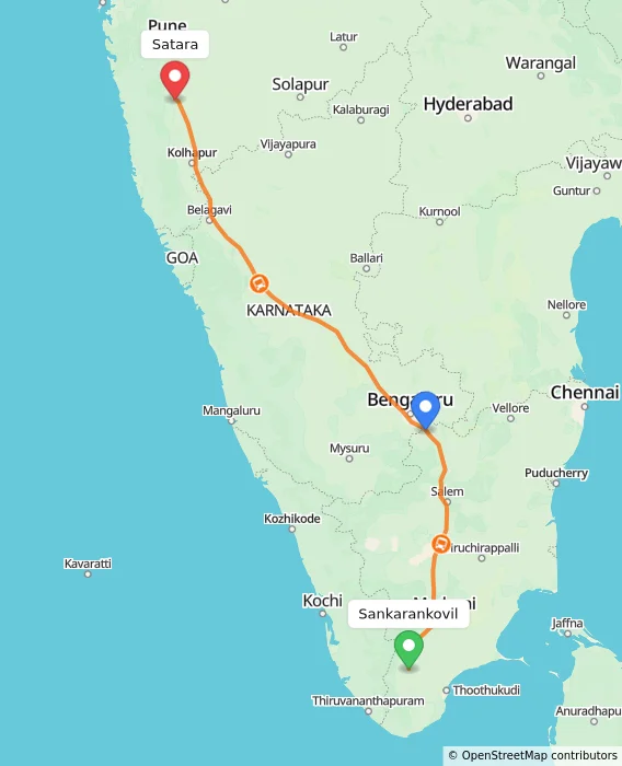 Route map showing distance and travel time from Sankarankovil, India to Satara, India