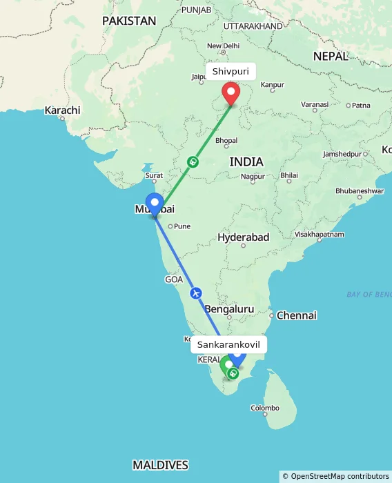 Route map showing distance and travel time from Sankarankovil, India to Shivpuri, India