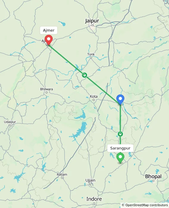 Route map showing distance and travel time from Sarangpur, India to Ajmer, India