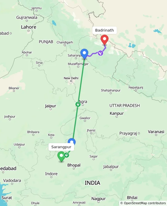 Route map showing distance and travel time from Sarangpur, India to Badrinath, India