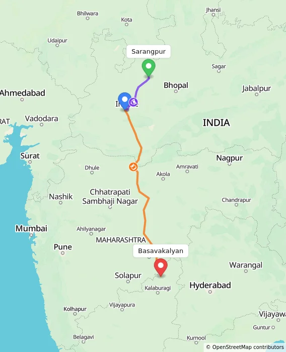 Route map showing distance and travel time from Sarangpur, India to Basavakalyan, India