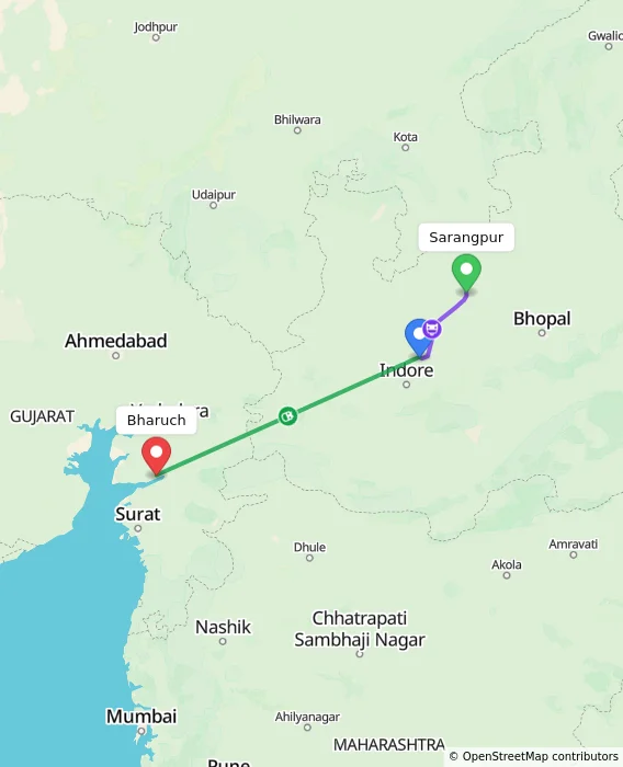 Route map showing distance and travel time from Sarangpur, India to Bharuch, India