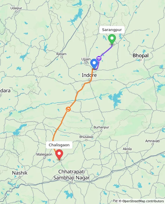Route map showing distance and travel time from Sarangpur, India to Chalisgaon, India