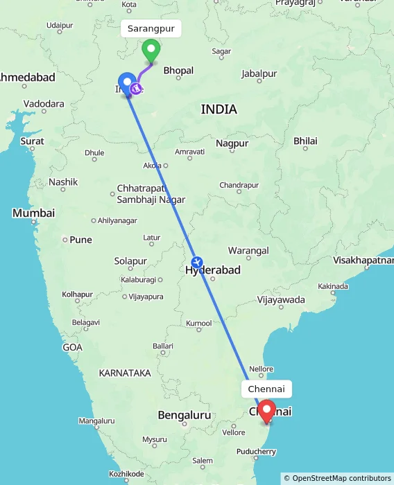 Route map showing distance and travel time from Sarangpur, India to Chennai, India