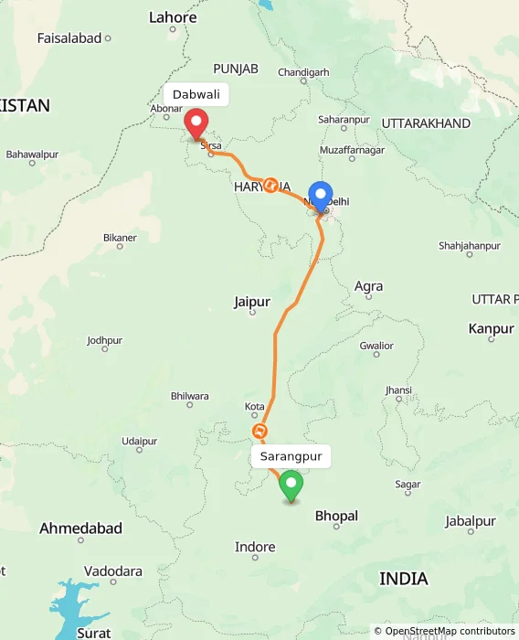Route map showing distance and travel time from Sarangpur, India to Dabwali, India