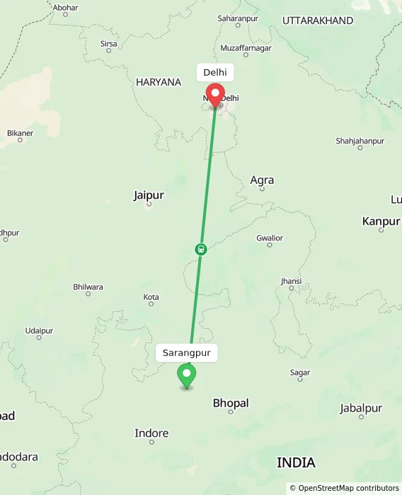 Route map showing distance and travel time from Sarangpur, India to Delhi, India