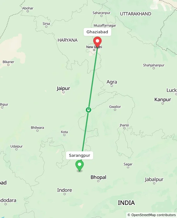 Route map showing distance and travel time from Sarangpur, India to Ghaziabad, India