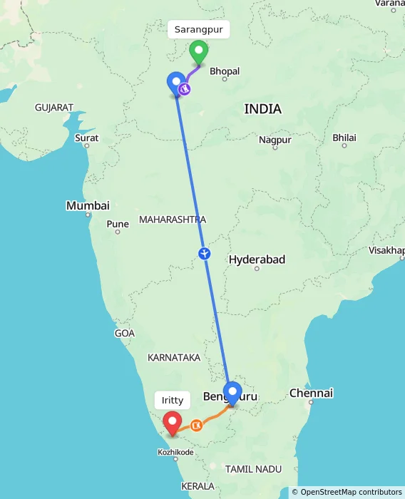 Route map showing distance and travel time from Sarangpur, India to Iritty, India